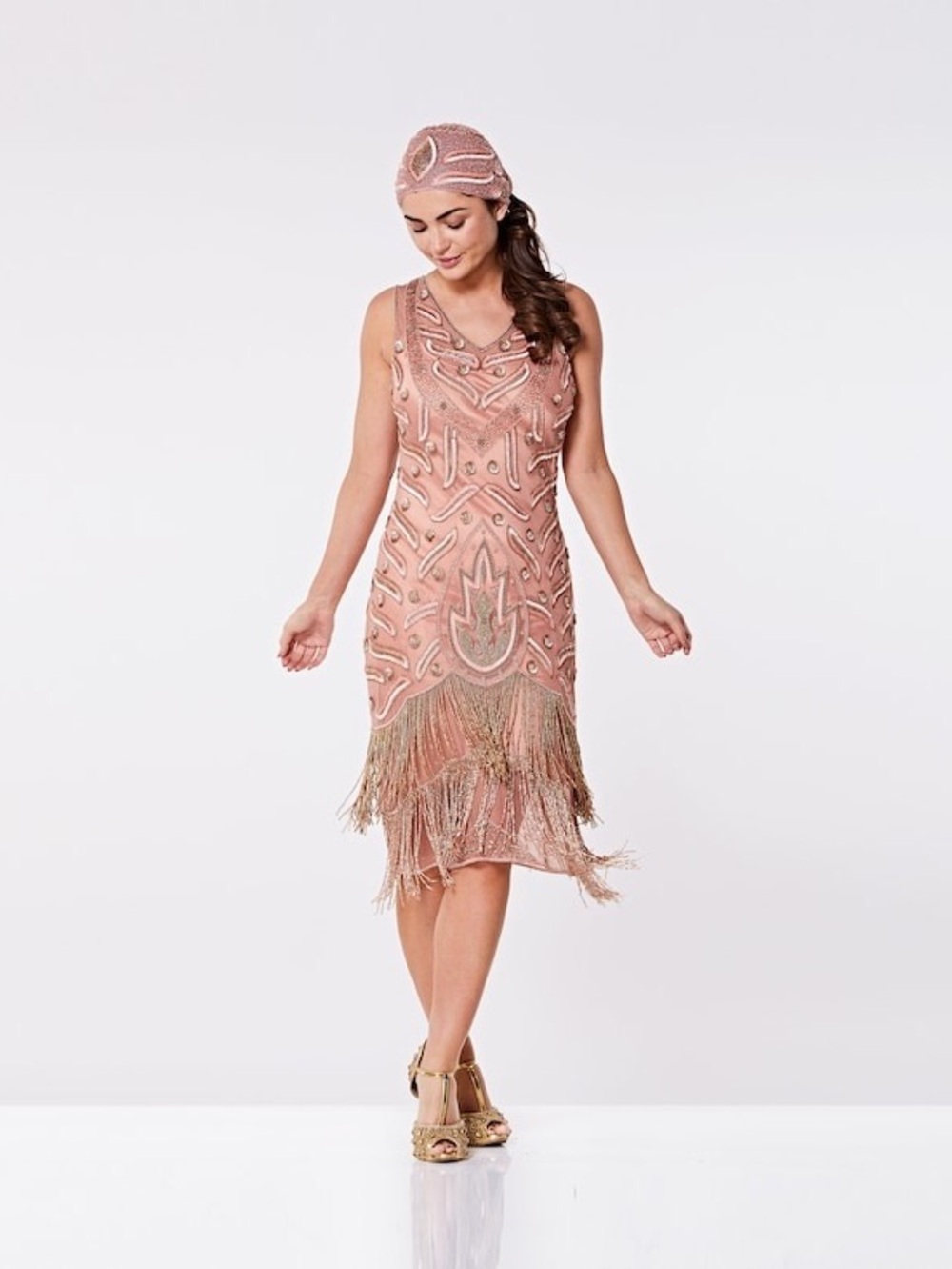 Beaded Fringe Sleeveless Gatsby Dress in Dusty Rose